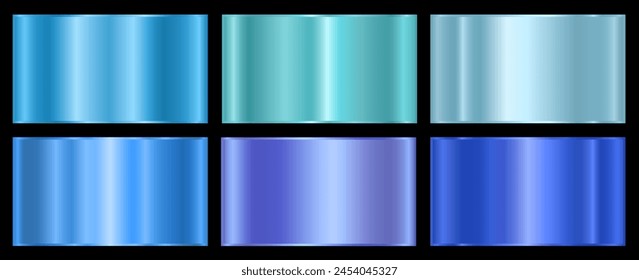 A set of blue metallic gradients on a black background. Metallic gradient effects for the design of text and bulletin boards, infographics. Metal banner. Vector EPS 10.