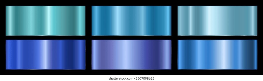 A set of blue metallic gradients on a black background. Metallic gradient effects for the design of text and bulletin boards, infographics. Metal banner. Vector EPS 10.