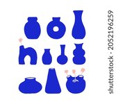 Set of blue modern vases and plants. Vector illustration. Silhouette of abstract pottery