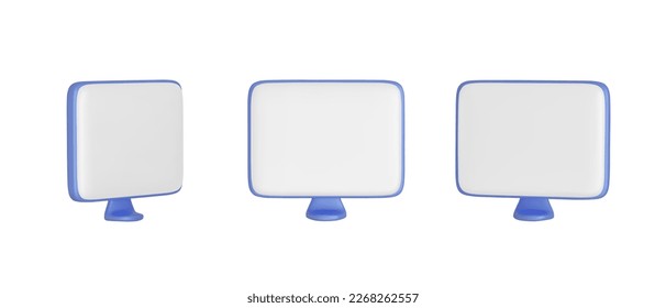  Set of blue  monitors display at different position.  Cartoon 3d monitors. 
 Realistic cartoon  computer monitor icons . Screen mockup. 3D vector illustration
