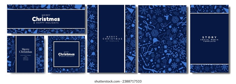 Set of Blue Monochromatic Christmas Background Templates, greeting card, horizontal banner, vertical A4 letter posters, social media story. Christmas patterned template collections. Vector.