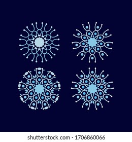 Set von blauem monochromen geometrischen Schneeflocken Blumensymbol. Abstraktes Blumendesign. Vektorgrafik eps10