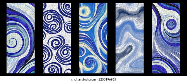 Set of blue mosaic artwork backdrops - vector design of ancient  mosaic pavement graphic templates kit