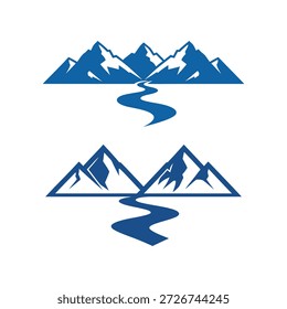 Conjunto de modelos de logotipo de paisagem de montanha azul com ícones fluviais sinuosos