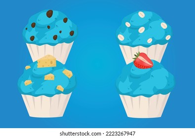 Un conjunto de muffins azules con diferentes sabores de chocolate. ilustración vectorial