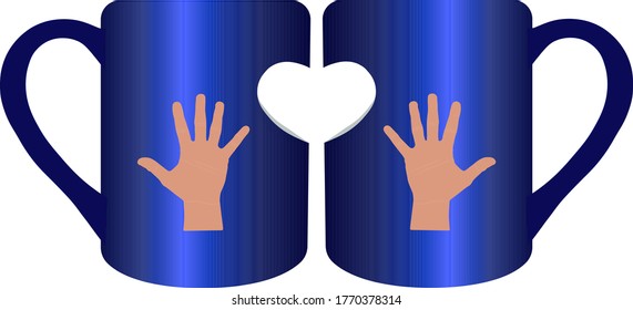 set of blue mugs with a half heart and a palm on each cup