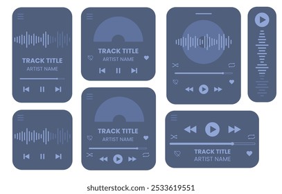 Set of blue music media player interface template. Music player vector design. Graphic mediaplayer panel template for mobile app. Modern playback of music application. Vector Illustration.