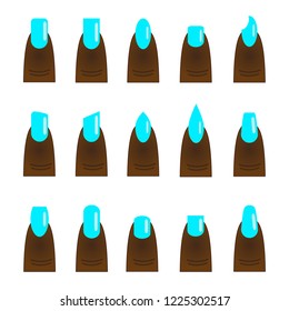 set of blue nails of different shapes on the fingers vector