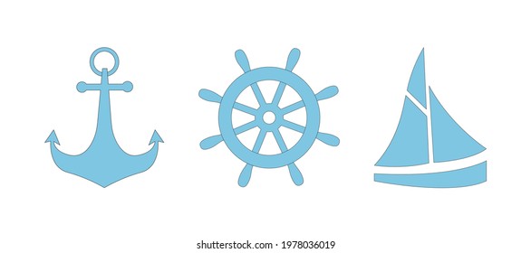 Set of blue nautical icons with black outline - anchor, steering wheel and boat. Simple vector icons isolated on white background. Sailboat, helm and anchor - three elements, stickers, signs, symbols.