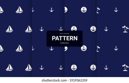 Set of  blue nautical seamless patterns on white background. Vector seamless texture.