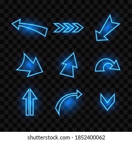 Conjunto de flechas de neón azul, ilustración vectorial aislada.