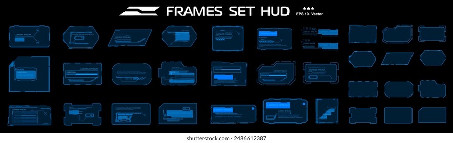 Set blue neon frames. Holographic digital windows and frames. HUD UI dialogs. Frames and blocks with information and data. Graphic modern HUD interface elements. Vector templates with frames