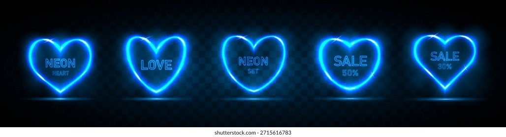 Un conjunto de marcos azules en forma de corazón de neón con un lugar para texto sobre un fondo oscuro. Corazones brillantes para tarjetas de vacaciones, Anuncios, invitaciones. Ilustración vectorial.