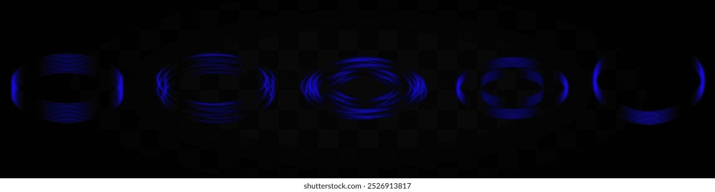 Set von blauen Neonlichtringen, die verschiedene Muster auf transparentem Hintergrund bilden. Ideal für technische, Science-Fiction- oder digitale Designelemente.