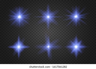 Set of blue neon lights. Blue glowing light explodes .Bright Star. Special line flare light effects for design and decor.