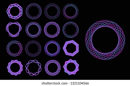 Set of blue neon mandalas. Ornament, circular geometric pattern, spirogram. Oriental pattern. Vector illustration on black background