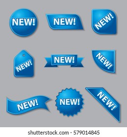 set of blue new product promotion labels and banners