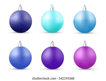 Set of blue New Year balls with shadow. Ornamentation on Christmas tree. Vector illustration