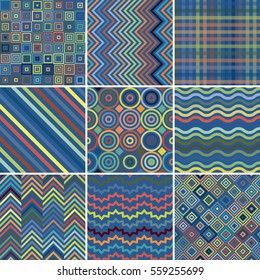 Set with blue nine seamless abstract geometric pattern, vector illustration