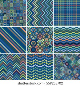 Set with blue nine seamless abstract geometric pattern, vector illustration