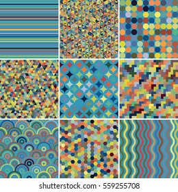 Set with blue nine seamless abstract geometric pattern, vector illustration