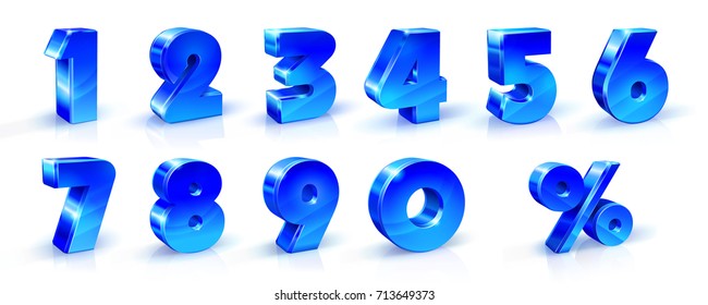 Set of blue numbers 1, 2, 3, 4, 5, 6, 7, 8, 9, 0 and percent sign. 3d illustration. Suitable for use on advertising banners posters flyers promotional items, Seasonal discounts Black Friday etc.