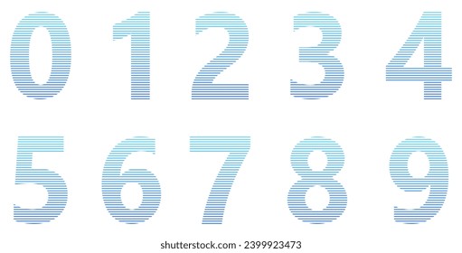 Conjunto de números azules aislados en blanco. Alfabeto con números. Elementos gráficos vectoriales para el diseño. Líneas	