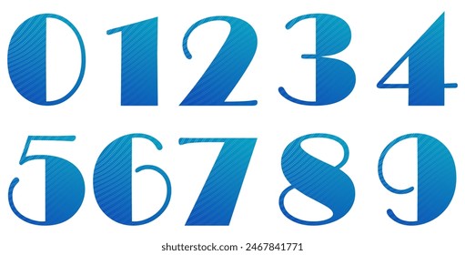 Set of blue numbers with pattern isolated on white. Alphabet with numbers. Vector graphic elements for design. Abstract pattern with lines