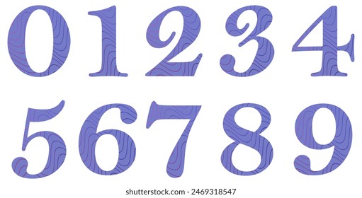 Set of blue numbers with pattern isolated on white. Alphabet with numbers. Vector graphic elements for design. Abstract pattern with lines and waves. Summer, spring, holiday