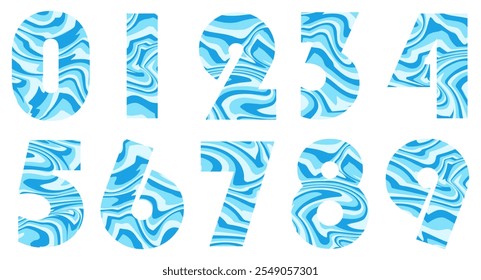 Set of blue numbers with wavy pattern isolated on white. Alphabet with numbers. Vector graphic elements for design. Abstract pattern with lines