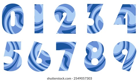 Conjunto de números azules con patrón ondulado aislado en blanco. Alfabeto con números. Elementos gráficos de Vector para el diseño. Patrón Abstractas con líneas