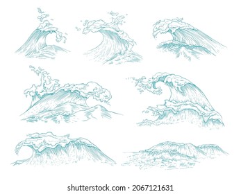 Set of blue ocean or sea waves during storm with foam, splashes in line sketch vector illustration isolated on white background. Orient japanese vintage style