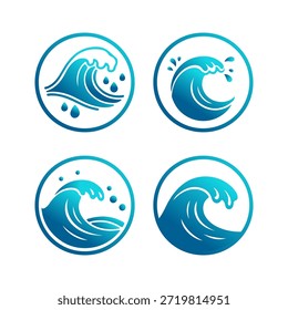 Set von blauen Ozean-Wellen-Icons im modernen flachen Stil. Minimale Wasserwirbel Symbole ideal für Logo, App, Branding, Surfen, Marine, nautische und Natur-Design. Reine Vektorgrafik einzeln auf Weiß.