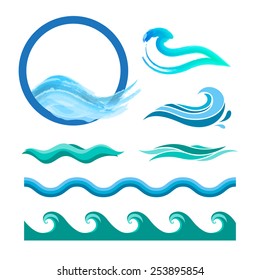 Set of blue ocean waves. Vector logo elements. Sea water icons.