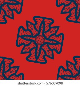 Set of blue on red mandalas seamless. Decorative symmetry ornaments. Anti-stress therapy pattern. Weave design elements tiled. Yoga inspired background for meditation poster. Unusual stylized flower