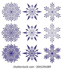 eine Reihe von blauen Schneeflocken einzeln auf weißem Hintergrund, Vektorgrafiken für Weihnachts- und Neujahrsgrafik, Design-Element, Dekoration, Schmuckkollektion