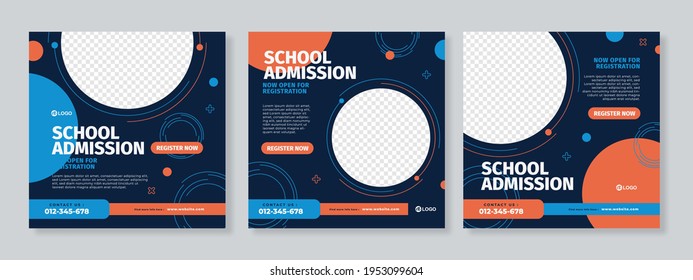 Set Of Blue Orange With Abstract Circle Background School Admission Or Education Social Media Pack Template Premium Vector