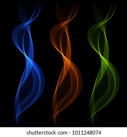 Set of Blue, Orange, Abstract Isolated Transparent Wave Lines for Dark Background. Light Effect.
