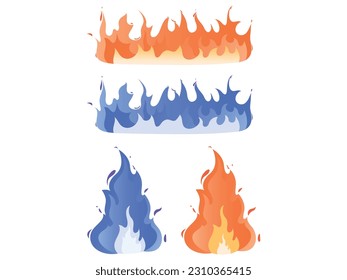 Juego de llamas de fuego azul y naranja. Colección de elementos inflamantes. ilustración vectorial de llama en diseño plano. Iconos vectores de llama de fuego en estilo de caricatura. Las llamas de diferentes formas están aisladas.