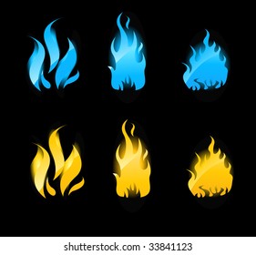 Set of blue and orange flames with glowing. Gas flames and fire flames.