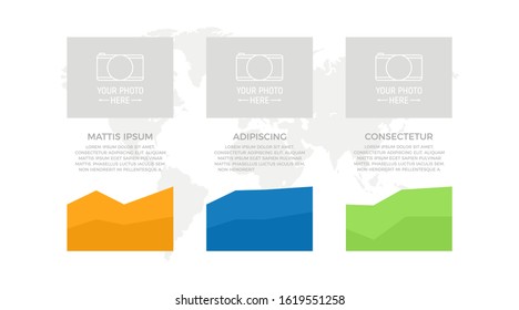 Set of blue and orange, green elements for infographic with world map presentation slides.