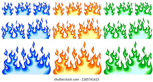 Set of blue, orange and green flames vector illustration element, background, frame, effects, layout. Vector eps 10. Cartoon of flames.