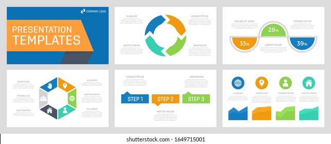 Set of blue, orange, green and turquoise elements for multipurpose presentation template slides with graphs and charts.