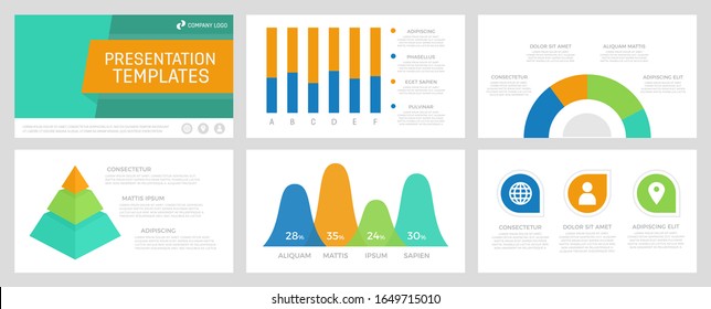 Set of blue and orange, green, turquoise elements for multipurpose presentation template slides with graphs and charts.