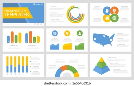 Set of blue, orange, green and yellow elements for multipurpose presentation template slides with graphs and charts.