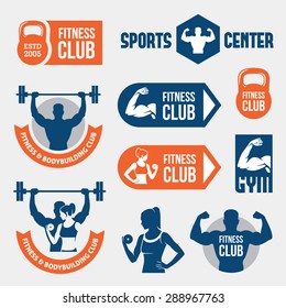 Set of blue and orange gym and fitness labels, signs and symbols with athletic man and woman silhouettes