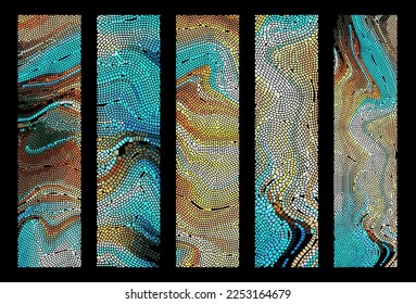 Set of blue and orange mosaic artwork backgrounds - vector design of ancient  mosaic pavement graphic templates kit