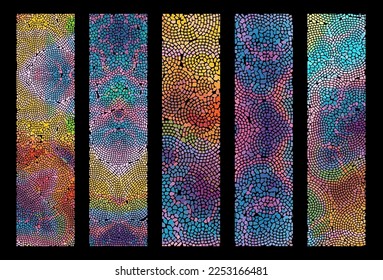 Set of blue and orange mosaic artwork backgrounds - vector design of ancient  mosaic pavement graphic templates kit
