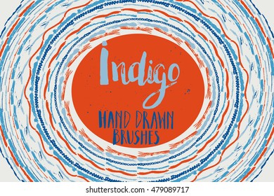 Set of blue and orange paint, ink brush strokes. Indigo collection. 