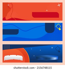 set of blue and orange podium mockup templates for filling text and products. vector background